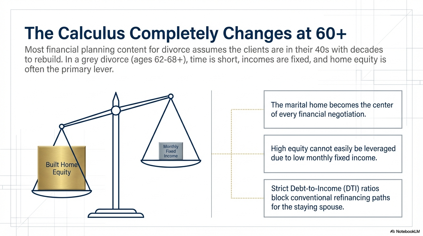 The Calculus Changes at 60+ — built home equity vs. monthly fixed income imbalance graphic