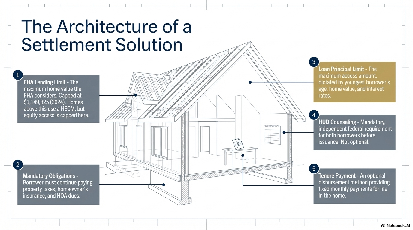 The Architecture of a Settlement Solution — key HECM terms illustrated